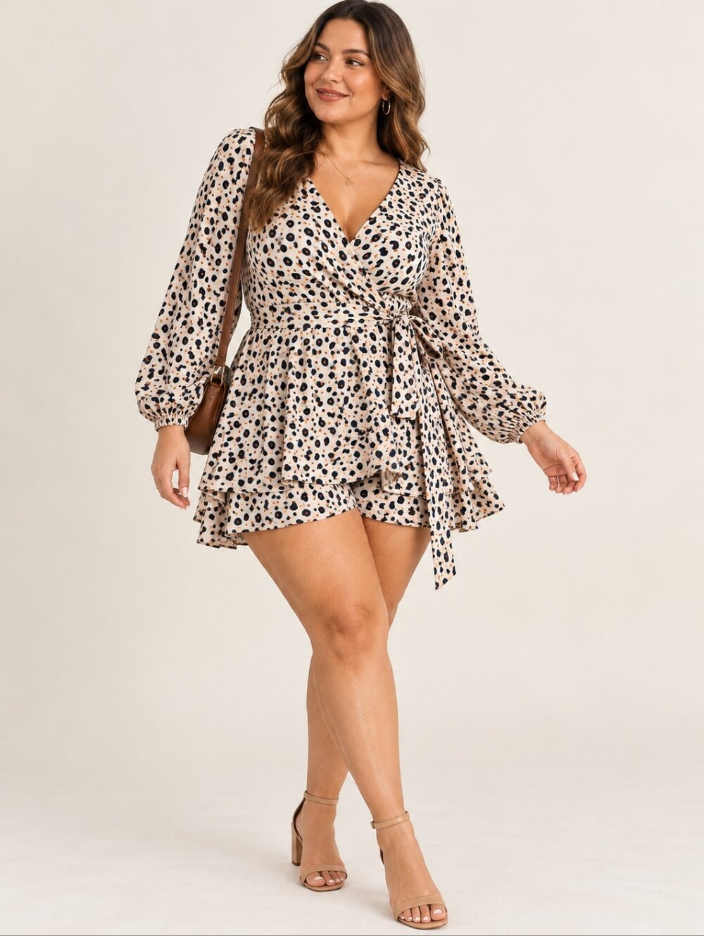 Main Strip Animal Print Skort Romper Long Sleeve Plus Size 1X